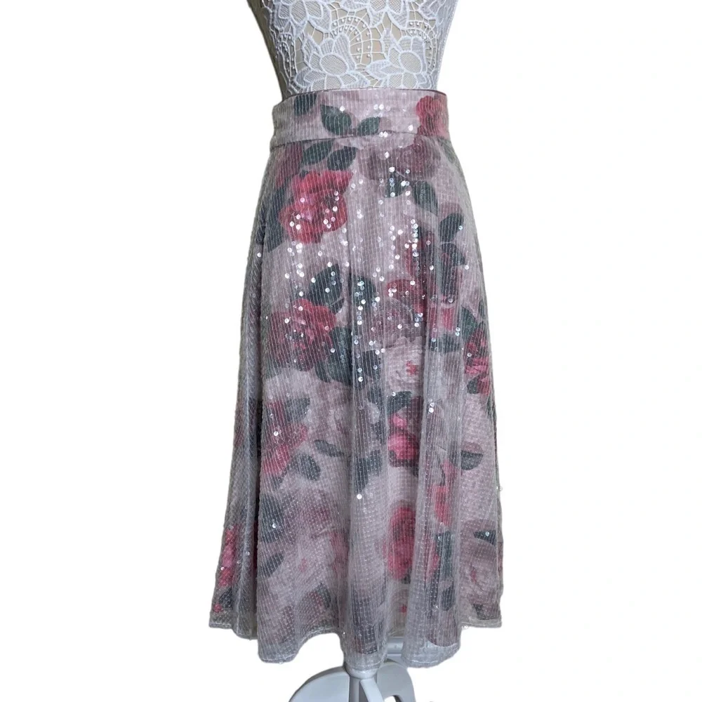 NWT Eliza J Sequin Floral A-line Skirt In Blush size 8 fairy romantic feminine